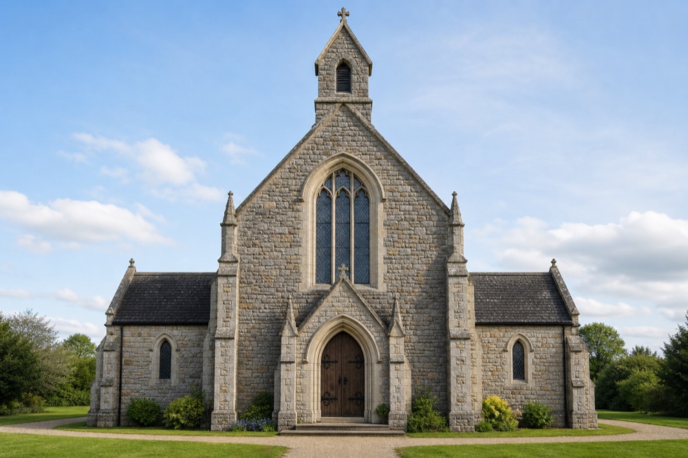 Photo of a small stone church with arched windows