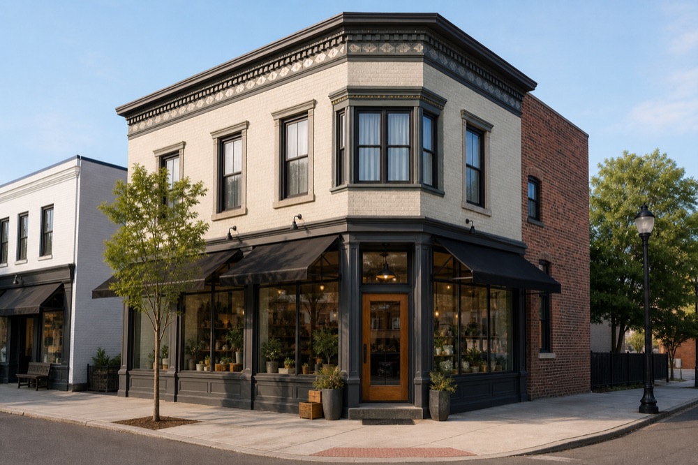 Photo of a corner shop building