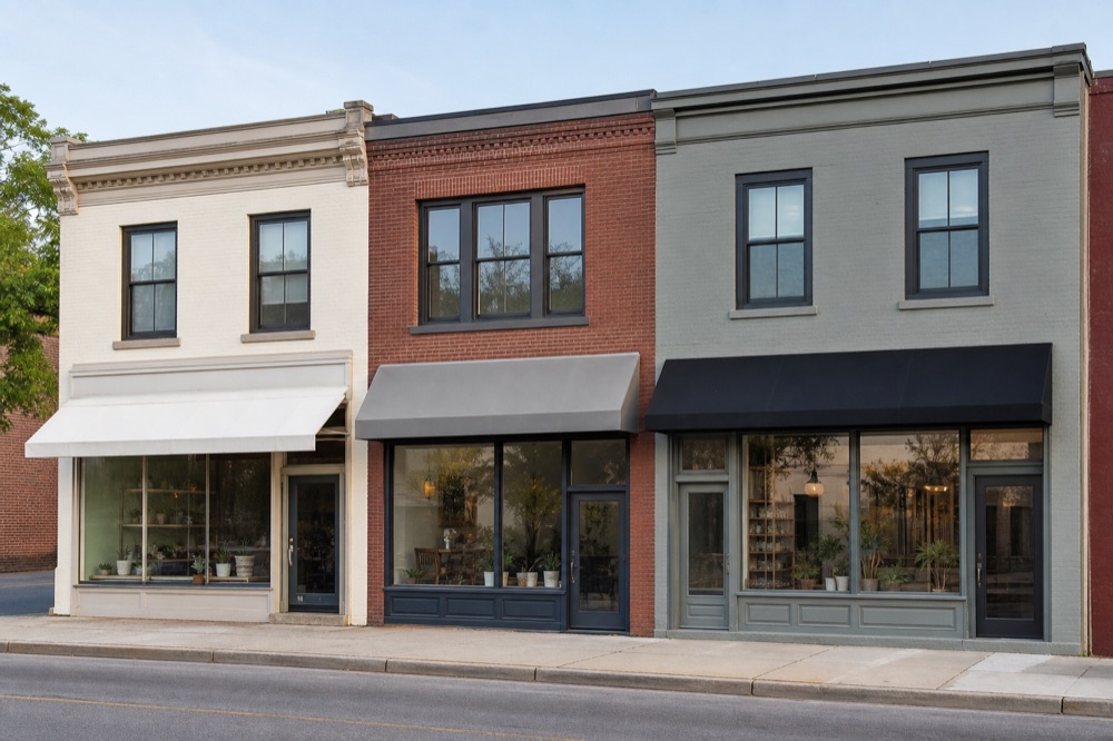 Photo of a row of main-street storefronts